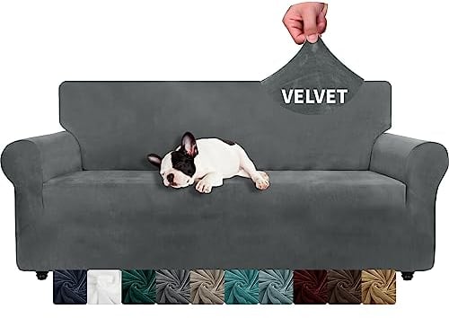 XINEAGE Samt Sofaüberzug 3 Sitzer, Stretch Sofa überzug für Wohnzimmer, Dicke Weiche Sofaüberwurf, Rutschfester Sofa Cover für Hunde, Haustiere (3 Sitzer, Grau)
