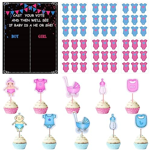 103 Stk Gender Reveal Stickers und Tortendeko Boy or Girl Abstimmungsspiele Aufkleber Geschlecht Offenbaren Cupcake Toppers Baby Shower Kuchendeko Gender Voting Display für Babyparty Dekoration