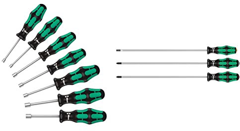 Wera 395 HO/7 SM Kraftform Hollow Shaft Nutspinner set, 7pc, 05029510001 & 335/350/355/3 Kraftform Plus Extra-Long Screwdriver set, PH/PZ/SL, 3pc, 05347735002