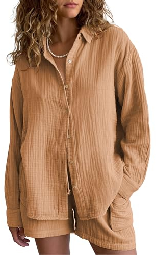 Famulily NachtwäSche Damen Langarm 2 Teiler Sommer 100% Baumwolle Set Yoga Outfit Set LäSsig Khaki L