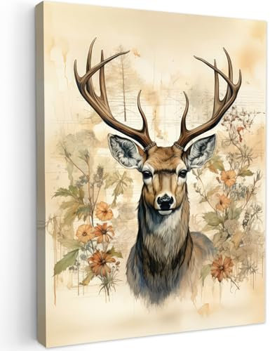 MuchoWow© Bild auf Leinwand 30x40 cm Schlafzimmer Bilder Wand Deko Wohnzimmer Modern Wanddeko Bilderwand Geschenk Vintage - Hirsch - Rothirsch - Blumen - Beige - Tiere - Natur