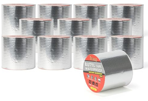 TAPEBEAR 12 Rollen Wasserdichtes Butylband 100mmx5m, Wasserdichtes Starkes | Selbstklebendes DichtungsbäNder, Silber Aluminium Klebeband Zur Reparatur Für Dachleckage, Oberflächenriss, Fensterbankspalt