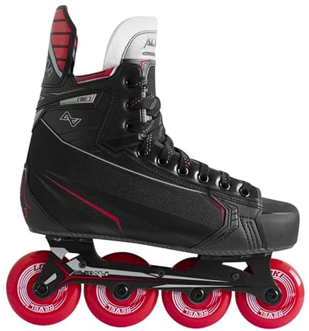 Alkali Hockey Inline-Rollschuhe FIRE 3 Senior, zweiteiliges Hi-Lo-Aluminium-Chassis, ABEC 7-Gang-Lager, Filzzunge, wärmeformbarer Innenraum (Breite: E, Größe: 10.0)