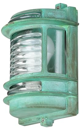 Licht-Erlebnisse Wandleuchte Außen Echt-Messing Glas in Grün Antik IP64 Garten Balkon T:17 cm E27 Maritim Rustikal Landhaus Außenlampe Wand GRACIA