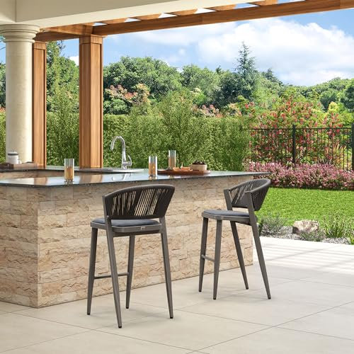 PURPLE LEAF Hoher Barhocker 2er Set, Gartenstühle mit Alu-Gestell Tresenhocker Rattan, Designer Barstuh, mit Fußstütze & Lehne, Gepolsterte Sitze, für Bar, Cafés, Steingrau