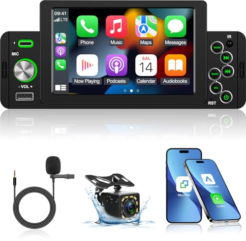 Autoradio 1 din con schermo - Senza fili Carplay e Android Auto - stereo auto touchscreen da 5 pollici con Bluetooth - Miror Link FM Controllo al volante EQ Sound + 12 LED Backup Camera