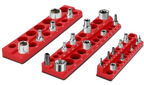 wanwanper 3PCS Magnetic Socket Organiser, 68 Sockets Holder Kit, Socket Wrench Rail Magnetic Socket Wrench Holder, Socket Tray Socket Wrench Set Holder for Workshops, Factories, Red