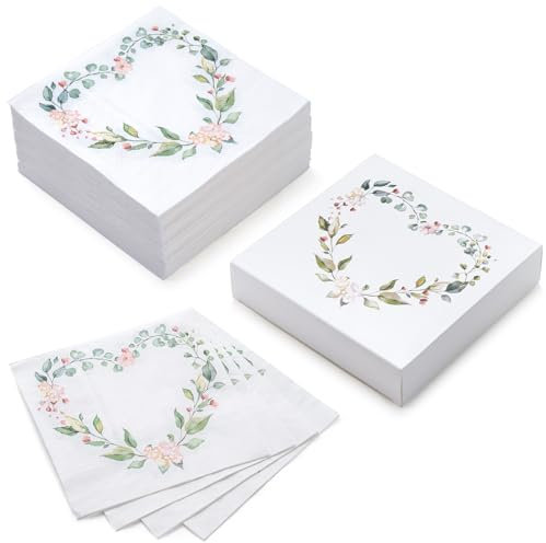 RUSPEPA 50 Stück Servietten mit Blumenherzen – Einwegservietten aus 3-lagigem Papier, perfekt für den täglichen Gebrauch und zum Ausstellen – 16,5 x 16,5 cm/33 x 33 cm (aufgeklappt)