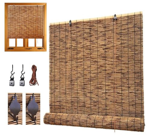 NEFMUKJ Anpassbar Bambusrollo Schilfvorhang 45 55 64 74 84 94 104 114 124 134 144 154 164cm Sichtschutz Lichtdurchlässig Natür Rollo für Fenster und Türen, Rollo Bambus Kaffee-Schwarze Linie, HYXSM