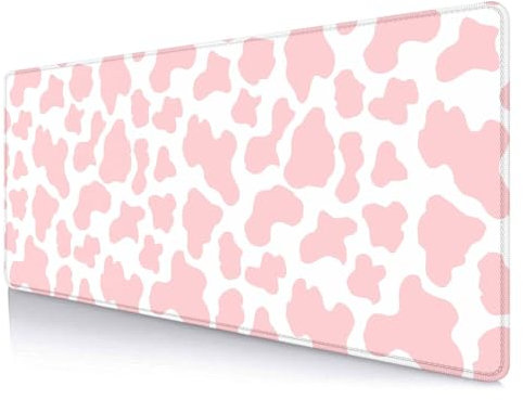 LTHAOGUO Cute Cow Print Desk Mat Mousepad, Cowhide Desk Mat Gaming Computer Mat, Aesthetic Deskpad, Pink XL Mouse Pad, Coworker Teacher Decor Accessories Gift, 31.5 X 11.8 Inch, Large