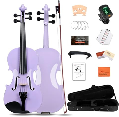 ADM Violino acustico per bambini principianti, violino acustico di misura 1/2 per adolescenti e studenti, kit di violino con custodia rigida, colofonia, spalliera, arco, leggio e corde, viola