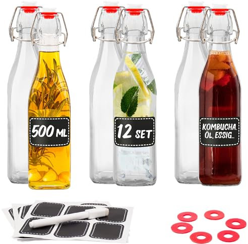 Praknu 12er Set Glasflaschen 500ml Bügelverschluss Eckig - Bügelflaschen Zum Befüllen - inkl 6 Extra Dichtungen & 6 Etiketten mit Stift - Glasflaschen für Öl, Essig, Saft & Limonade
