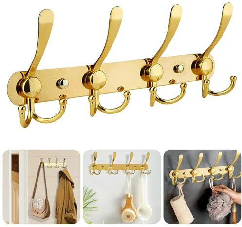Noekye Coat Hat Purse Towel Rack Hooks Holder Hook Hanger Door Wall Mount Mounted for Bathroom Hanging 3×4 Hangers, 1 Pack Gold