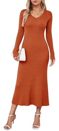 Arach&Cloz Jumper Dress for Women UK Winter Knitted Dresses Bodycon Fishtail V Neck Long Dresses Maxi Sweater (Rust,M)
