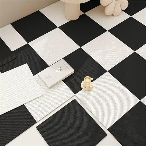 Hiseng Teppichfliesen Selbstklebend 30x30cm, 4/10/20/30 Stück Teppichfliesen Selbstliegend Rutschfeste Strapazierfähig Teppich Bodenbelag für Büro Wohnzimmer Schlafzimmer (30 Stück,Schwarz Weiss)