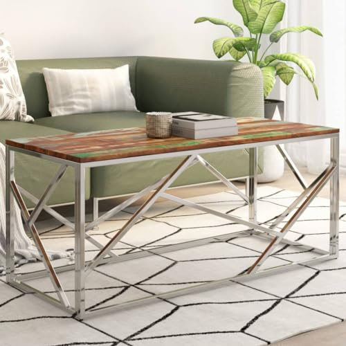 Genérico Mesa baja plateada INOX y madera de recuperación maciza, muebles, mesas, mesas bajas y mesas auxiliares, mesas bajas, mesas, plata, 31.37 LB,349944