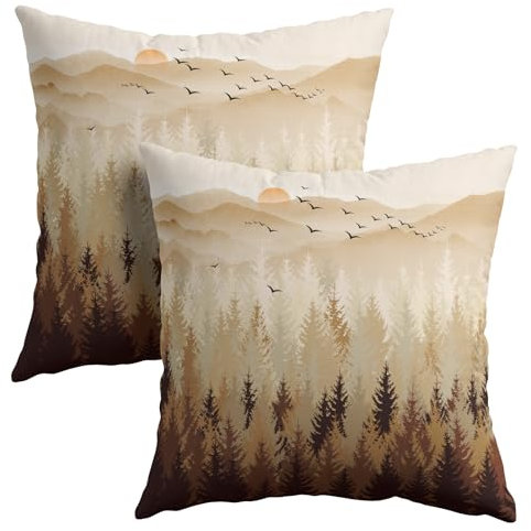 Set di 2 federe decorative per cuscini con foresta nebbiosa autunnale, 45 x 45 cm, colore marrone, montagna, bosco, natura, pino, fattoria, in cotone e lino, quadrate, per casa, divano, letto, patio