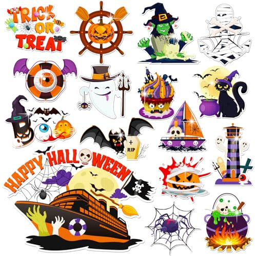 16Pcs Halloween Cruise Door Magnets Decorations Reflective Halloween Cruise Ship Door Decor Pumpkins Bats Spider Magnetic Stickers for Carnival Cruise Refrigerator Cars Fridge Holiday Party