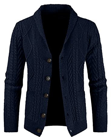Meilicloth Men's Classic Casual Long Sleeve Shawl CoLLar Buttons Down Cable Knit Cardigan Sweater for Men with Pockets