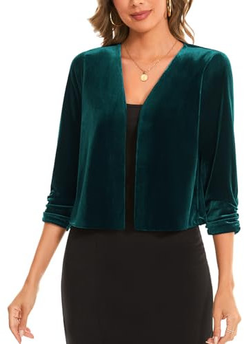 MINTLIMIT Cárdigan de terciopelo liso retro vintage para mujer, manga 3/4 fruncida, ligero, frente abierto, cuello en V, chaqueta estilo bolero con forro frontal, Gn-verde oscuro, XL