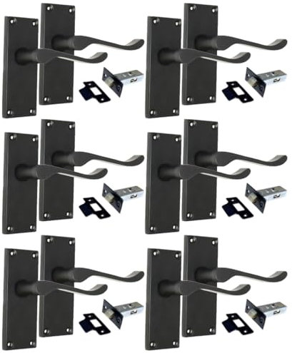 Epsom Door Handle Matt Black Scroll Door Handle Set - Victorian Style Internal and External Lever Door Handles with Backplate (6 Pair of Handles + Tubular Latch)
