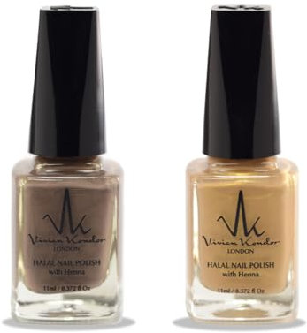 (2Pcs Set) Henna Infused Halal Nail Polish Vegan Long lasting Shiny Nail polish Water Permeable Wudhu friendly Polish (Golden Beige, Jet Setter)