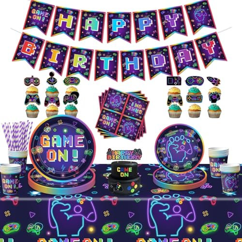 Décorations d'anniversaire de jeu vidéo – Décorations d'anniversaire pour garçons avec assiettes, tasses, serviettes, nappes, bannières – Serve 20