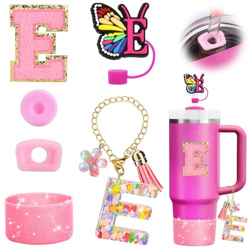 IN Chenthy 6-Piece Stanley Tumbler Accessories Set for Stanley Cup 30oz 40oz,Includes Initials Decoration, Silicone Straw Lid And Protective Sleeve, Anti-Spill Stopper, Handle Charm, Sticker (E)