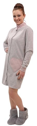 Leo Corsetteria Vestaglia per donna pile calda giovane invernale collo alto bottoni con tasche fantasia Cuori e Pois Rosa Misura S