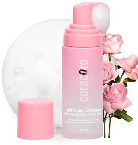 Curacoro 60ML Shampoing pour extensions de cils (Parfum Rose) - mousse nettoyante pour peau sensible, élimine le maquillage waterproof, pour usage professionnel et domestique.