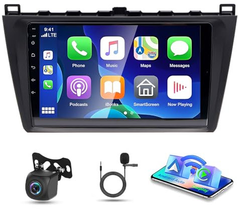 9 Inch Android 14 Car Stereo 2G+32G for Mazda 6 2007-2012 Double Din Car Radio with Wireless Carplay Android Auto HD Touch Screen GPS WiFi FM RDS Bluetooth SWC Backup Camera
