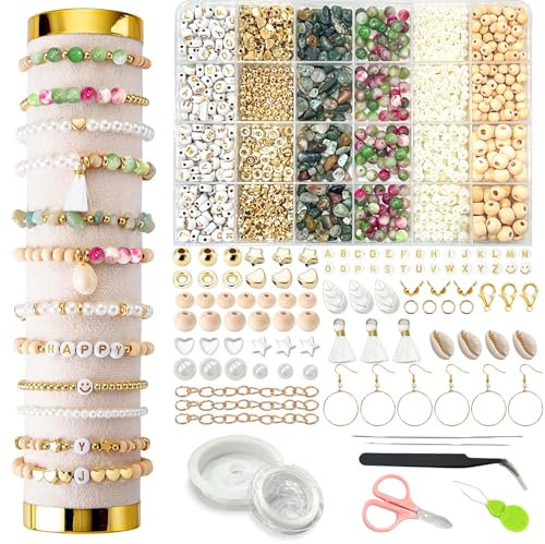 Armband Set Selber Machen, Perlenset für Armbänder, DIY Schmuck Selber Mädchen Set Natürliche Edelstein Perlen Sets für Kinder Erwachsene Geschenkidee für Geburtstags Partys-mit 5 Zubehörteilen