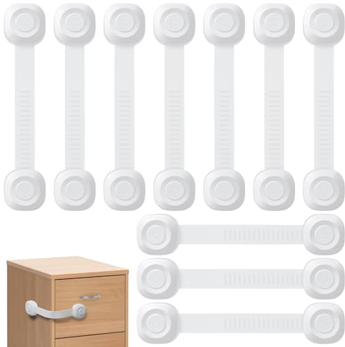 ECHOCUBE Kindersicherungen, Babysichere Schrankgurtschlösser mit Klebstoff, 10 Stück, verstellbare Babysicherungen für Schränke, Kühlschränke, Toiletten, Mülleimer (weiß)