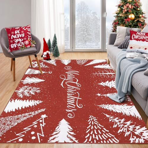 CAROMIO Waschbarer Weihnachtsteppich Schneeflocke und Baum Weihnachts Teppich Farbverlauf Feiertagsdekoteppich Couchtisch Akzentteppich Bauernhaus Esstischteppich Schlafzimmerdeko, Rot 120x170 cm