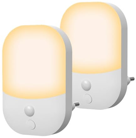 Plug in Night Light with Dusk to Dawn Photocell Sensor, Nightlight with 5 Levels Brightness Control, ON/Off/AUTO Modes, Kids Night Light 3000K Warm White for Hallways, Bedrooms, Kitchens, 0.3W, 2 pack