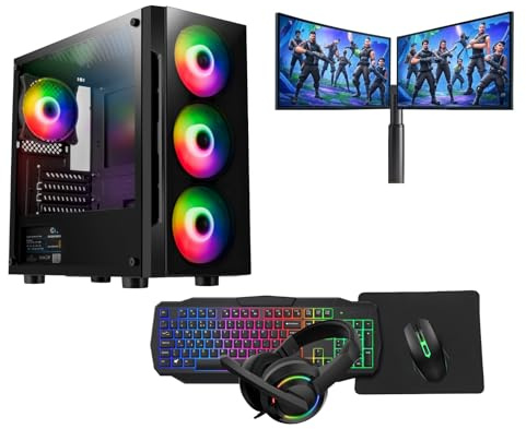 Gaming PC – Intel Core i5, GT710 2GB Graphics, 16GB RAM, 128GB SSD + 1TB HDD, Windows 11 Pro, Dual 22 Monitors, Keyboard, Mouse, Headset – Gaming PC Bundle (Flash Black)