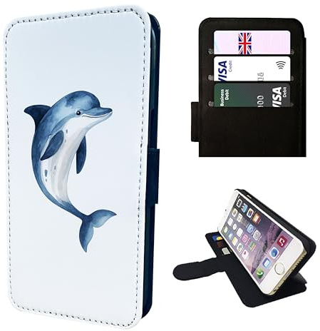 Cute Dolphin Jumping Wallet Phone Case - Compatible with iPhone SE, 7, 8, X, XR, 11, 12, 13, 14, 15, 16 & 16E Plus, Mini, Pro, Max Models Faux Leather Flip Cover with Card Slots Ocean Animals Dolphins