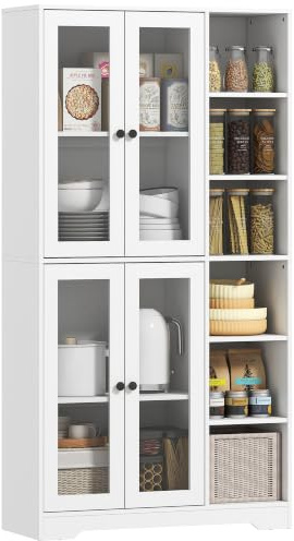 HOMCOM Küchenschrank mit 4 Soft-Close-Glastüren 90 x 35 x 172 cm Weiß | Buffetschrank, 6 Offenen Fächern, Moderner Hochschrank mit Verstellbaren Einlegeböden, Vorratsschrank