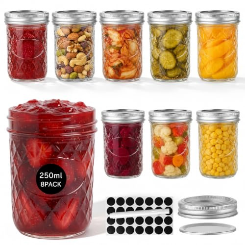 WERTIOO 8 Pack 250 ml Jam Jars with Lids- Mason Jars, Pickling Jars with Lids Includes Sticker Labels and Marker Pen for Pickling, Jam, Honey, Overnight Oats, Food Storage