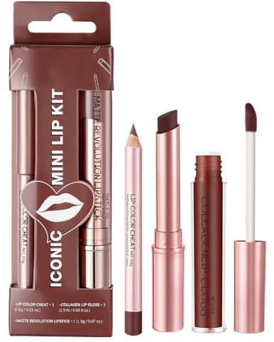 LOPHE Coffret 3 en 1 pour Lèvres: Crayon, Rouge à Lèvres Mat & Brillant Hydratant - Soin Vegan Longue Tenue, Cadeau quotidien ou de Festival, #03 Brun Rougeâtre