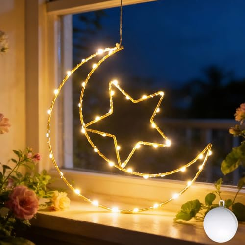 Ramadan Deko LED Lichterkette, Sterne Mond Lichterketten für Außen & Innen, Ramadan Deko Warmweiß Fensterdeko Beleuchtet, Fensterbeleuchtung Lichtervorhang Sterne für Fensterdeko (A)