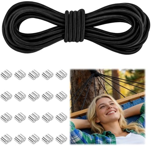 AOOSU High-Strength Elastic Rope, 8mm x 10m Round Elastic Rope, Expansion Ropes, Trailer Retractable Ropes, Black Elastic with 20 Sluminum Crimp Loops, Duitable for Tarpaulins, Camping Tents, Sewing