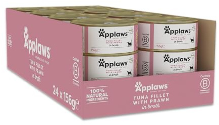 Applaws 100% Natural Wet Cat Food, Tuna Fillet with Prawn, 156g (Pack of 24)