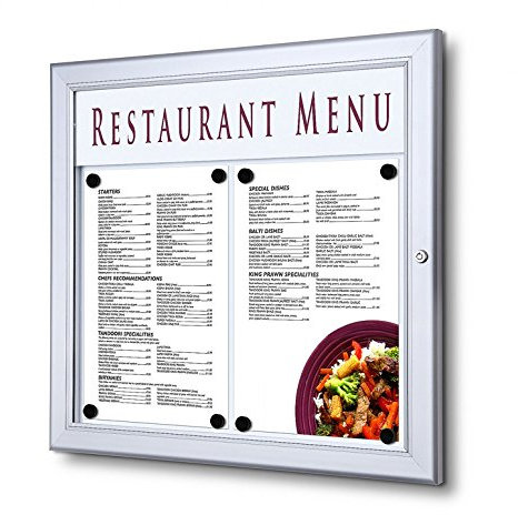 Schaukasten für Speisekarten 2x A4 | wetterfest für außen am Eingang | magnetische Rückwand, abschließbar | für Restaurant, Hotel, Gastronomie, Wandmontage | Logoleiste für individuelle Beschriftung