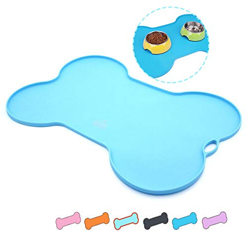 SuperDesign Silicone Waterproof Placemat - Bone Shaped Pet Feeding Mat, FDA Grade Silicone Raised Lip Non Spill Dog Cat Bowl Mat Light Blue
