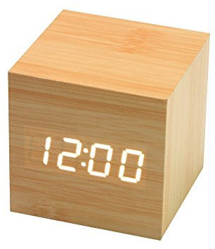 Onerbuy Wooden Digital Cube Alarm Clock Toque Sound Activated Desk Clock Reloj de Viaje portátil con Pantalla LCD para Tiempo, Temperatura, Calendario, 3 configuraciones de Alarma (Amarillo)