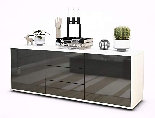 Stil.Zeit TV Schrank Lowboard Ameline, Korpus Weiss matt, Front Hochglanz Design Grau Graphit (135x49x35cm), Push to Open Technik & Leichtlaufschienen