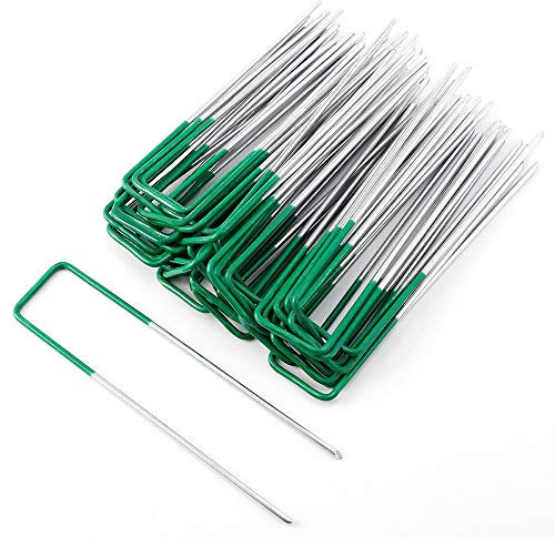 MINSHAM 100 Unidades de Grapas en Forma de U de para Jardín, Césped Artificial, Telas y Mallas - Mitad de Color Verde - Metálicas - Galvanizadas Sumergidas en Calor
