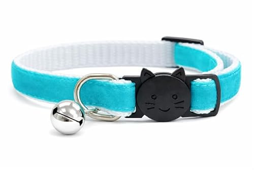 Velvet Cat Collars with Bell | Quick Safety Release Breakaway Buckle | Handmade in the UK | Available in Cat & Kitten Size | Turquoise Velvet
