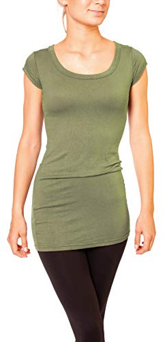 Easy Young Fashion - Damen Basic T-Shirt - langes Kurzarm Longshirt - Rundhals Longsleeve - Unterziehhemd Skinny Fit 1002 - Olive M